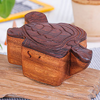 Wood puzzle box, 'Turtle Enigma' - Hand-Carved Turtle-Shaped Raintree Wood Puzzle Box
