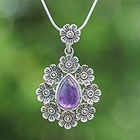 Amethyst pendant necklace, 'Crowned Beauty in Purple' - Natural Amethyst Cabochon Pendant Necklace with Floral Motif
