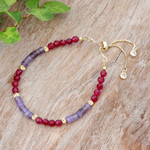 Amethyst and quartz beaded wristband bracelet, 'Precious Flair' - Amethyst and Quartz Beaded Adjustable Wristband Bracelet