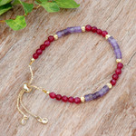 Amethyst and quartz beaded wristband bracelet, 'Precious Flair' - Amethyst and Quartz Beaded Adjustable Wristband Bracelet