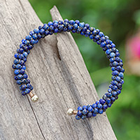 Lapis lazuli beaded cuff bracelet, 'Captivating Beauty'