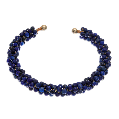 Lapis lazuli beaded cuff bracelet, 'Captivating Beauty' - Lapis Lazuli Beaded Cuff Bracelet with Brass Fixtures