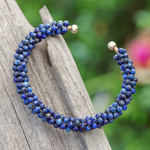 Lapis lazuli beaded cuff bracelet, 'Captivating Beauty' - Lapis Lazuli Beaded Cuff Bracelet with Brass Fixtures