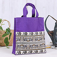 Baumwoll-Einkaufstasche, „Purple Day“ – Baumwoll-Einkaufstasche mit Elefanten- und Paisley-Aufdruck in Lila