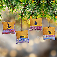Cotton ornaments, 'Feline Cushions' (set of 4) - Set of 4 Cat-Themed Cotton Ornaments with aluminium Bells