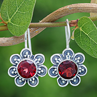 Garnet drop earrings, 'Spring in Scarlet' - Floral Faceted Natural Two-Carat Garnet Drop Earrings