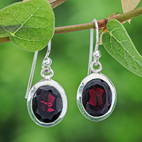 Garnet dangle earrings, 'Scarlet Focus' - High-Polished Two-Carat Oval Garnet Dangle Earrings