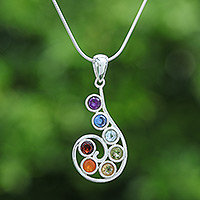 Multi-gemstone pendant necklace, 'Seven centres' - Chakra-Themed Spiral Multi-Gemstone Pendant Necklace