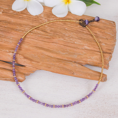 Amethyst and brass beaded necklace, 'Wise Orbs' - Handcrafted Amethyst and Brass Beaded Necklace from Thailand
