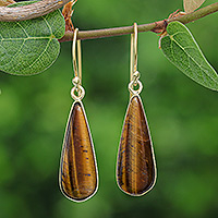 Gold-plated tiger's eye dangle earrings, 'Fiery Dew' - 18k Gold-Plated Drop-Shaped Tiger's Eye Dangle Earrings