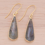 Gold-plated labradorite dangle earrings, 'Tranquil Dew' - 18k Gold-Plated Drop-Shaped Labradorite Dangle Earrings