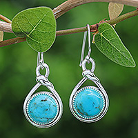 Sterling silver dangle earrings, 'Lagoon Knot' - Knot Pattern Recon Turquoise Dangle Earrings from Thailand