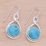 Sterling silver dangle earrings, 'Lagoon Knot' - Knot Pattern Recon Turquoise Dangle Earrings from Thailand