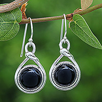 Onyx dangle earrings, 'Enigmatic Knot' - Knot Pattern Black Onyx Dangle Earrings from Thailand