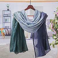 Batik cotton scarf, 'Vibrant Glam' - Hand-Spun Dyed Wrinkled Batik Cotton Scarf in Blue and Green