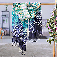 Batik rayon and silk blend scarf, 'Stylish Fusion' - Tie-Dyed Blue Green White Batik Rayon and Silk Blend Scarf