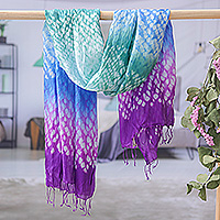 Batik rayon and silk blend scarf, 'Lavender Fusion' - Tie-Dyed Purple Blue Green Batik Rayon and Silk Blend Scarf