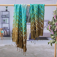 Batik rayon and silk blend scarf, 'Spring Fusion' - Tie-Dyed Green Blue Grey Batik Rayon and Silk Blend Scarf
