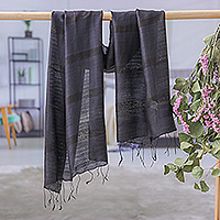 Batik silk and cotton blend scarf, 'Posh Flair' - Hand-Dyed Black Fringed Batik Silk and Cotton Blend Scarf
