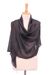 Batik silk and cotton blend scarf, 'Posh Flair' - Hand-Dyed Black Fringed Batik Silk and Cotton Blend Scarf