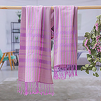 Cotton shawl, 'Sweet Yok Dok' - Striped Purple 100% Cotton Yok Dok Shawl with Fringes