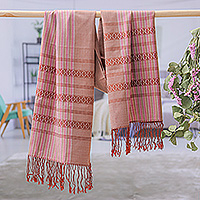 Cotton shawl, 'Desert Yok Dok' - Striped Pink and Brown Cotton Yok Dok Shawl with Fringes