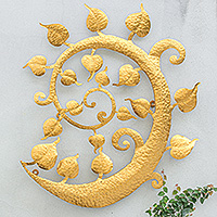 Gold foil and iron wall art, 'Bodhi Nature' - Inspirational Handmade Leafy Gold Foil and Iron Wall Art