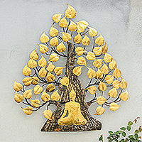 Gold foil and steel wall art, 'Buddha's Forest' - Handmade Gold Foil and Steel Wall Art of Buddha and Tree