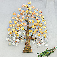 Metallic foil and steel wall art, 'Miraculous Nature' - Nature-Themed Metallic Foil and Steel Tree Wall Art