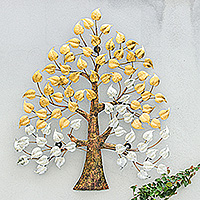 Metallic foil and steel wall art, 'Victorious Nature' - Inspirational Golden and Silver Foil and Steel Tree Wall Art