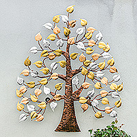Metallic foil and steel wall art, 'Felicitous Nature' - Handmade Nature-Themed Metallic Foil and Steel Tree Wall Art