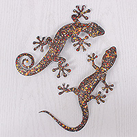 Iron wall art, 'Festive Geckos' (set of 2) - Set of Two Gecko-Shaped colourful Iron Wall Art Pieces