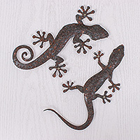 Iron wall art, 'Sylvan Geckos' (set of 2) - Set of Two Gecko-Shaped Brown Iron Wall Art Pieces