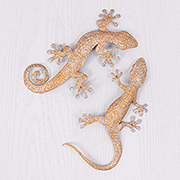 Iron wall art, 'Victorious Geckos' (set of 2) - Set of Two Gecko-Shaped Golden Iron Wall Art Pieces