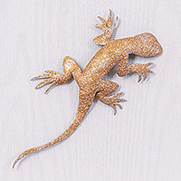 Iron wall art, 'Victorious Salamander' - Handcrafted Salamander-Shaped Golden Iron Wall Art