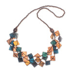 Collar de cuentas de madera y cáscara de coco - Collar de hilo con cuentas de cáscara de coco verde azulado y dorado