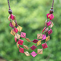 Wood and coconut shell beaded strand necklace, 'Tender Diamonds' - Pink and Golden Coconut Shell Beaded Strand Necklace