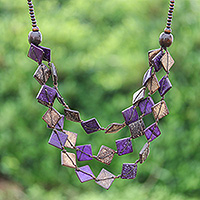 Wood and coconut shell beaded strand necklace, 'Enchanted Diamonds' - Purple Wood and Coconut Shell Beaded Strand Necklace