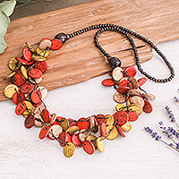 Wood and coconut shell beaded strand necklace, 'Cycles of Fire' - Red and Yellow Round Wood Beaded Three-Strand Necklace