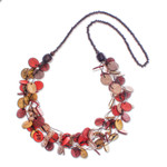 Wood and coconut shell beaded strand necklace, 'Cycles of Fire' - Red and Yellow Round Wood Beaded Three-Strand Necklace