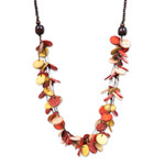 Wood and coconut shell beaded strand necklace, 'Cycles of Fire' - Red and Yellow Round Wood Beaded Three-Strand Necklace