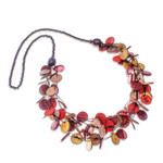 Wood and coconut shell beaded strand necklace, 'Cycles of Fire' - Red and Yellow Round Wood Beaded Three-Strand Necklace