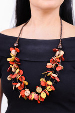 Wood and coconut shell beaded strand necklace, 'Cycles of Fire' - Red and Yellow Round Wood Beaded Three-Strand Necklace