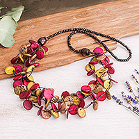 Wood and coconut shell beaded strand necklace, 'Cycles of Tenderness' - Fuchsia and Golden Round Wood Beaded Three-Strand Necklace