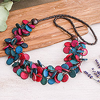 Wood and coconut shell beaded strand necklace, 'Cycles of Fantasy' - Fuchsia and Turquoise Round Wood Beaded Strand Necklace
