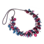 Wood and coconut shell beaded strand necklace, 'Cycles of Fantasy' - Fuchsia and Turquoise Round Wood Beaded Strand Necklace