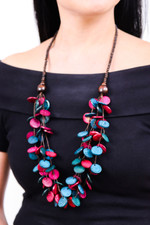 Wood and coconut shell beaded strand necklace, 'Cycles of Fantasy' - Fuchsia and Turquoise Round Wood Beaded Strand Necklace