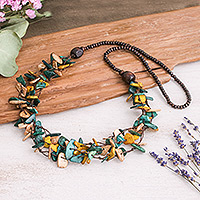 Wood and coconut shell beaded strand necklace, 'Fragments of Majesty' - Hand-Painted Teal and Golden Beaded Three-Strand Necklace