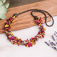 Wood and coconut shell beaded strand necklace, 'Fragments of Sweetness' - Hand-Painted Fuchsia and Yellow Beaded Three-Strand Necklace