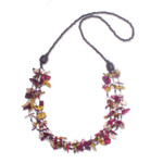 Wood and coconut shell beaded strand necklace, 'Fragments of Sweetness' - Hand-Painted Fuchsia and Yellow Beaded Three-Strand Necklace